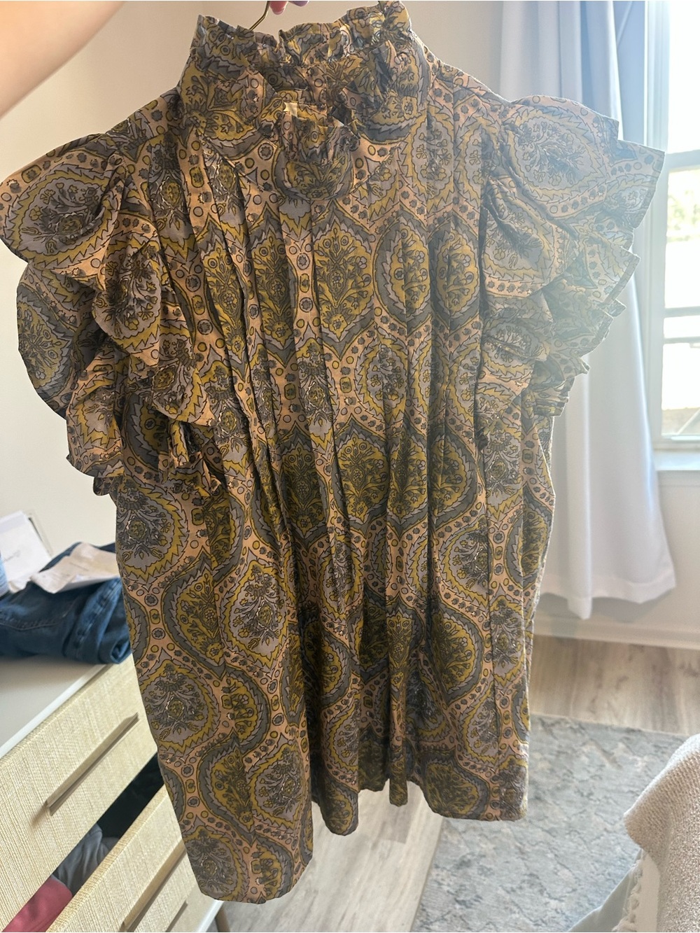 Ruffled Paisley Print Sleeveless Blouse - Mustard/Olive